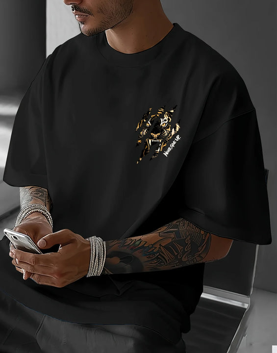 Tiger Claw Mark Never Give Up Print on Premium Soft 100% Cotton Mens T Shirt Perfect for Summer Streetwear and Bold Style