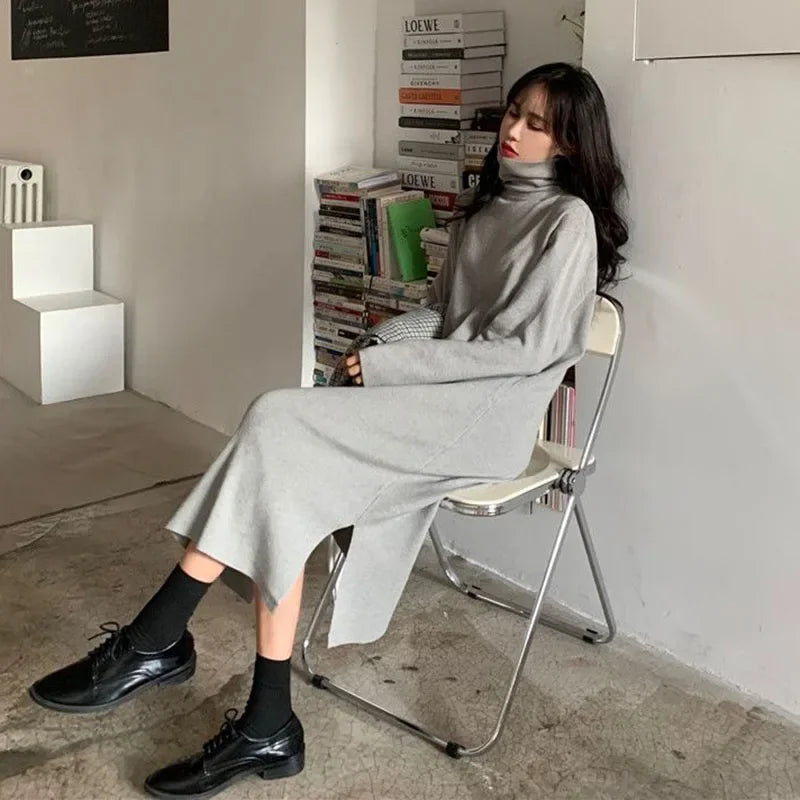 Smvp Fall Winter Turtleneck Long Dress Women Basic Solid Casual Loose Long Sleeve Dresses Female Streetwear Side Split Dress