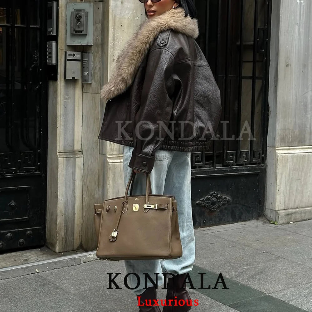 Fur-Collar Faux Leather Jacket