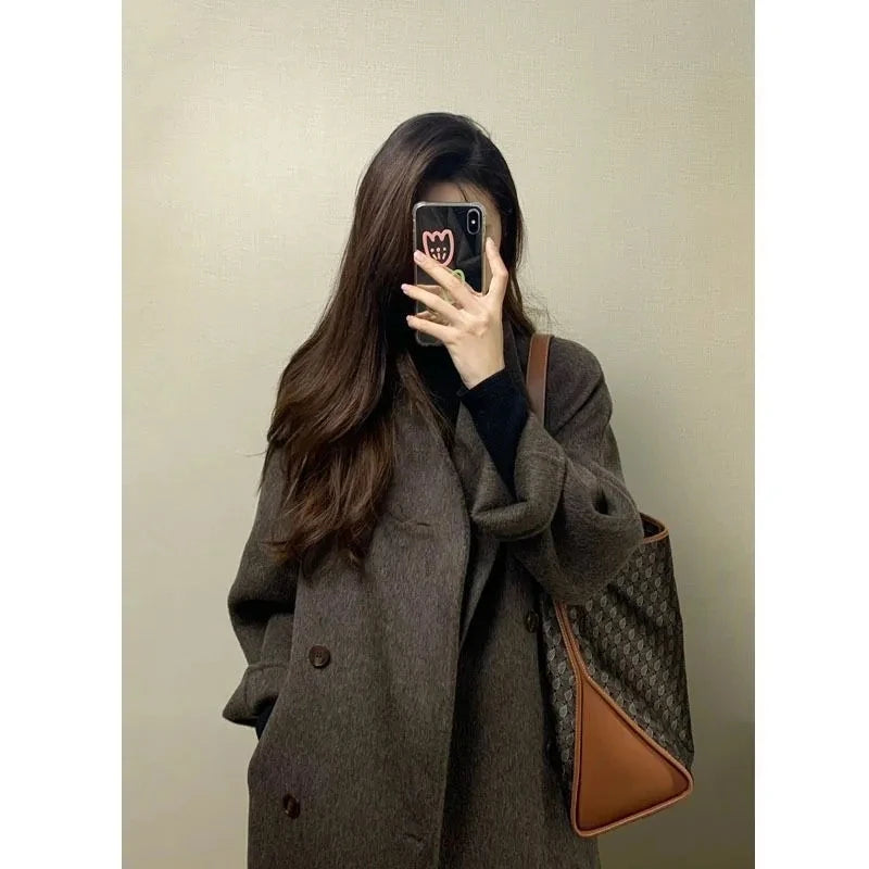 100% Wool Coat Lapel Overcoat Women Wool Blend Double Breasted Long Sleeve Shoulder Pad Coat 2024 Autumn Female Outwear