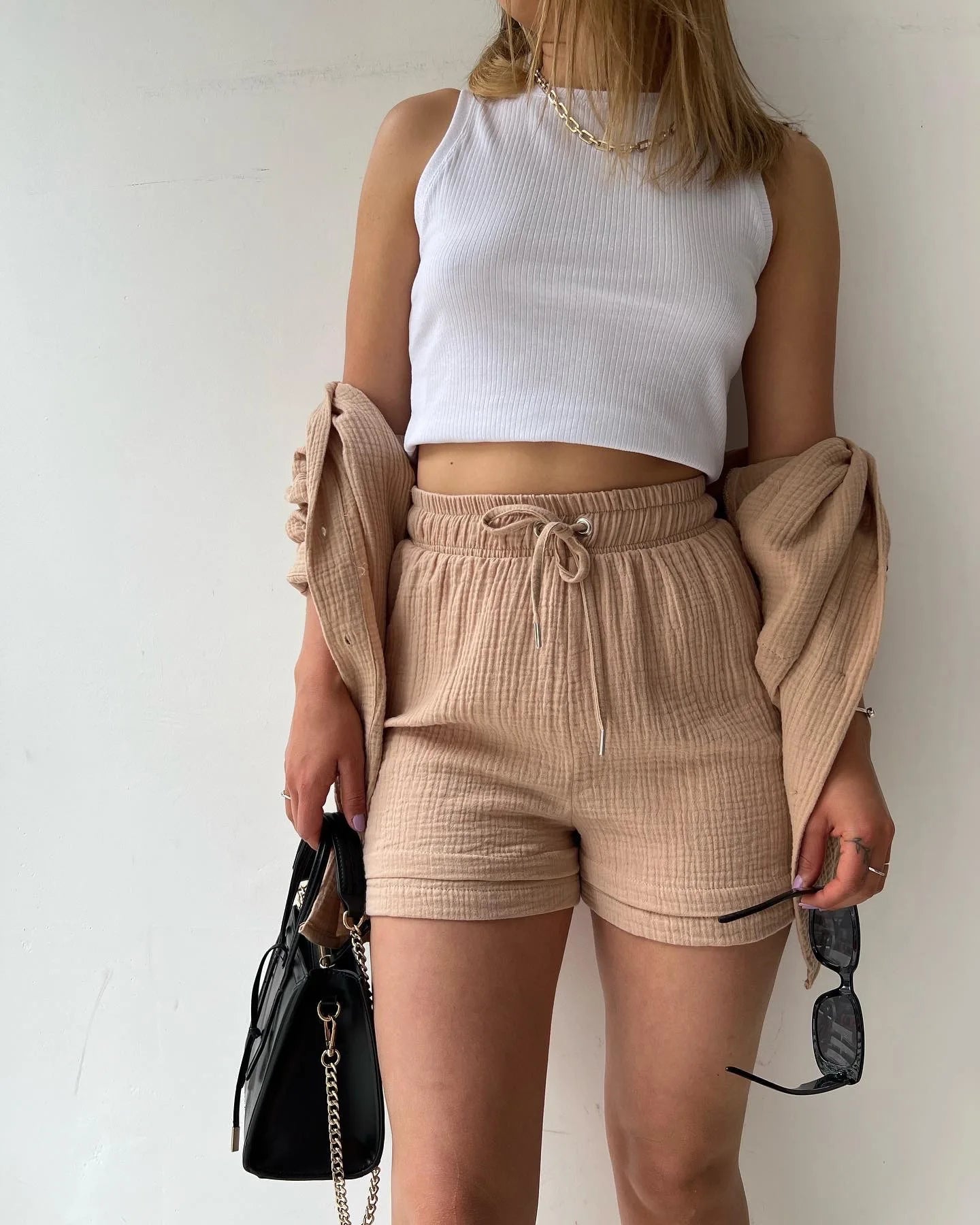 Women's Summer Shorts Set White Long Shirt High Waisted Pants Sets Casual Outfit Streetwear Suits For Women Female Clothing 2025