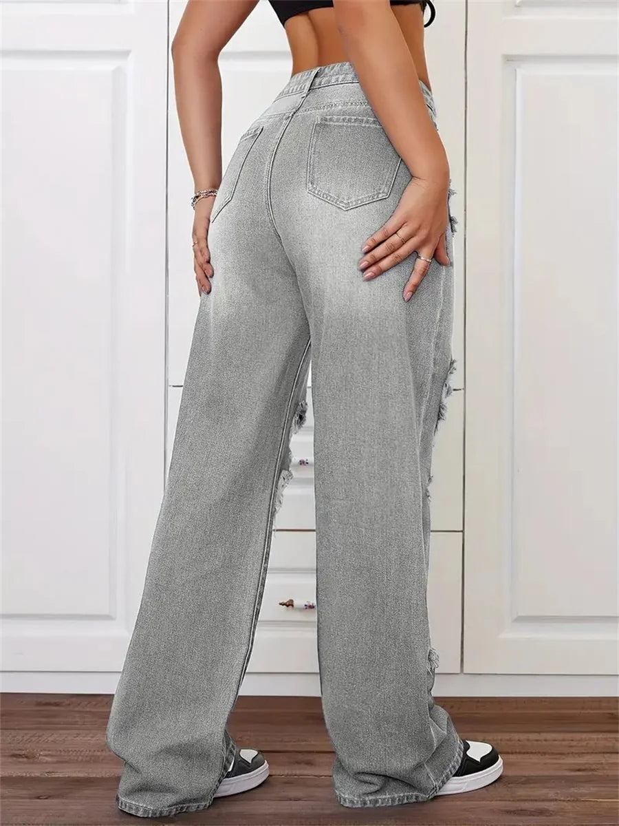 Benuynffy High Waisted Baggy Ripped Jeans Women's Streetwear Bf Style Washed All Match Straight Leg Denim Trousers Woman New