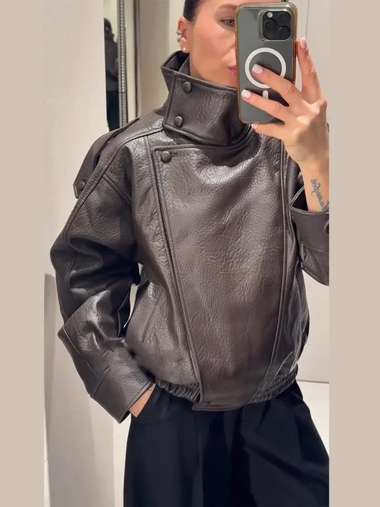 Women Bomber Jacket Leather Coat Retro Coat Stand-Collar Top Textured Clothes Lversized Biker Coat Casual Streetwear Outerwear