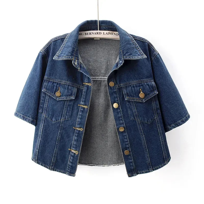 Vintage Cropped Denim Jacket Women Summer Loose Single Breasted Turn Down Collar Short Sleeve Tops Harajuku Casual Jean Jacket