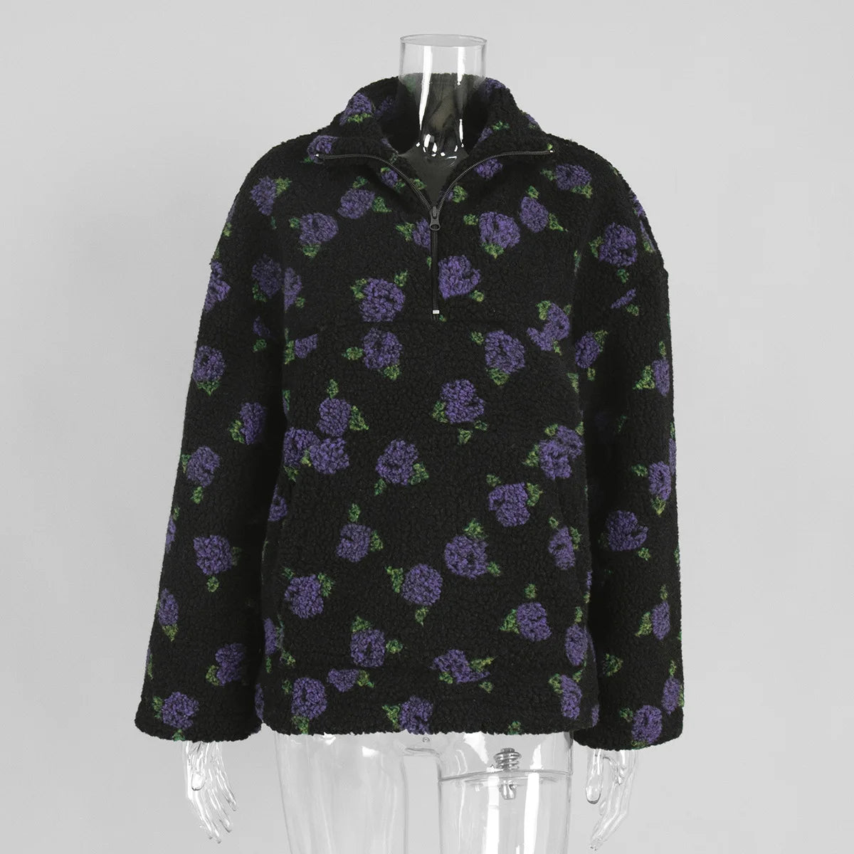 KADUWAKI Retro Christmas Women's Fashion Polar Fleece Flower Blossoms Sweaters Cotton Loose Warm Fur Stand Up Collar Zipper Tops