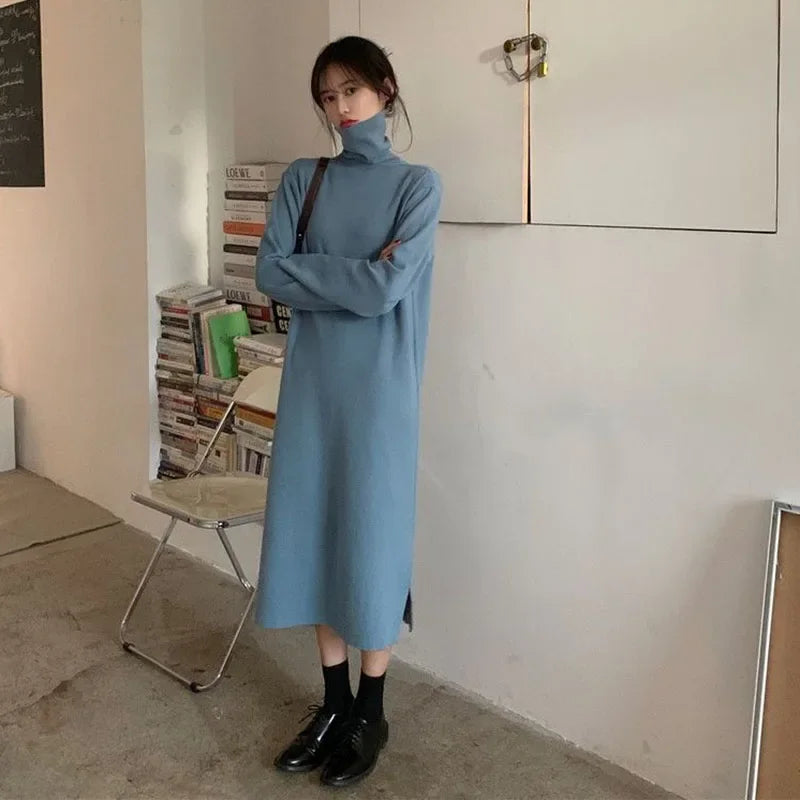 Smvp Fall Winter Turtleneck Long Dress Women Basic Solid Casual Loose Long Sleeve Dresses Female Streetwear Side Split Dress