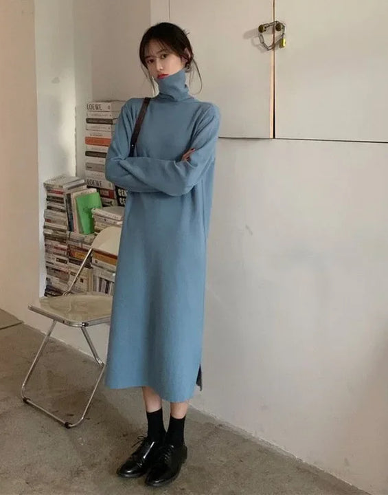 Smvp Fall Winter Turtleneck Long Dress Women Basic Solid Casual Loose Long Sleeve Dresses Female Streetwear Side Split Dress