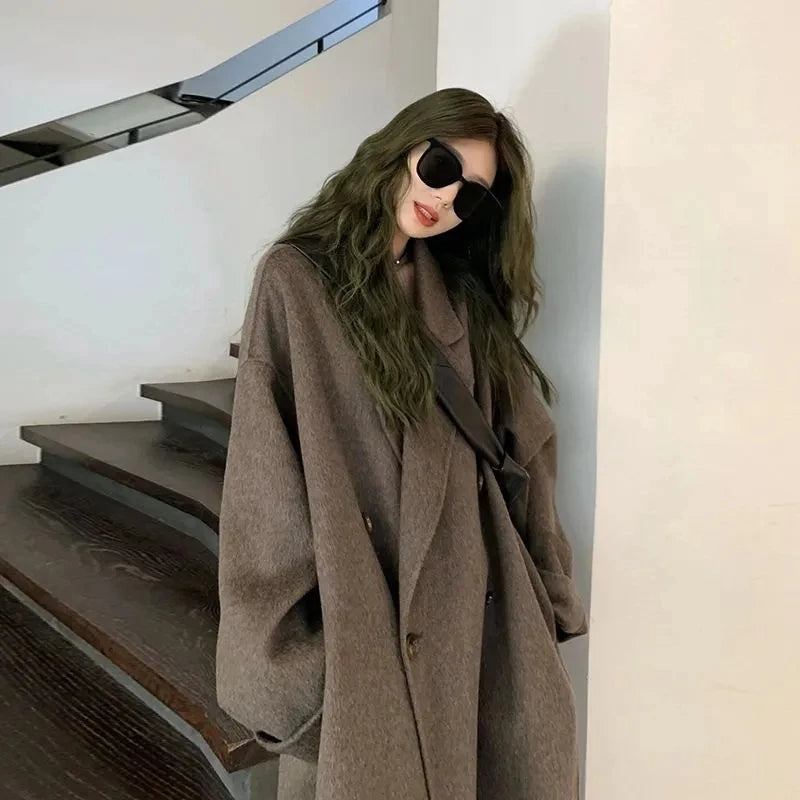 100% Wool Coat Lapel Overcoat Women Wool Blend Double Breasted Long Sleeve Shoulder Pad Coat 2024 Autumn Female Outwear