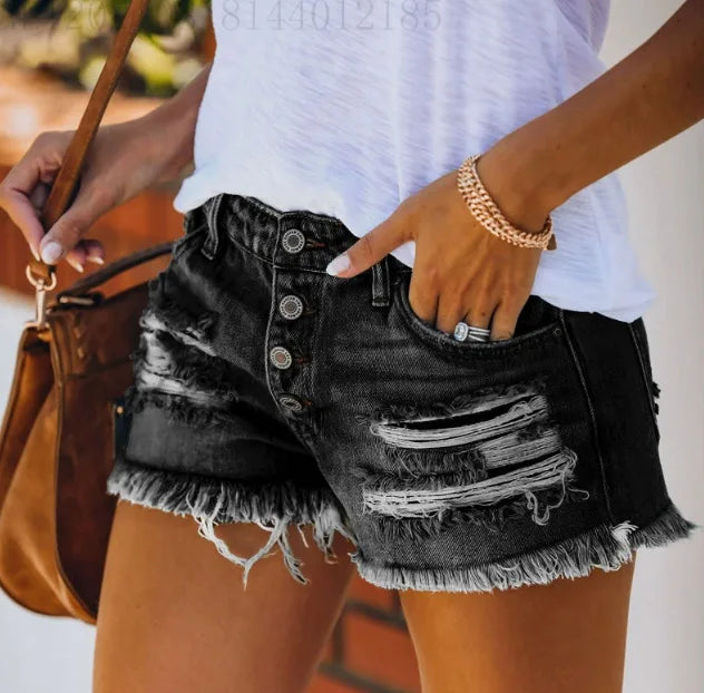 Ripped Vintage Denim Women Jeans Shorts Washed Tassel Button High Waist Holes Spliced Summer Pockets Distressed 2025 Basics