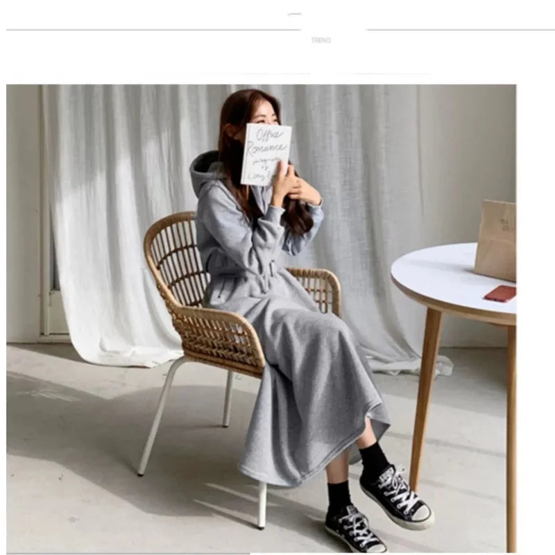 Autumn Winter Casual Women Hooded Cotton Long Dress Long Sleeved Pullover Solid Hoodie Shirring A-Line Floor-Length Rib Dresses