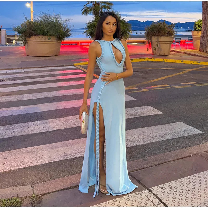 Women Elegant Maxi Dress Keyhole Neckline Braided Trim Sleeveless Backless High Slit Hem Solid Dresses 2026 Summer Fashion Gown