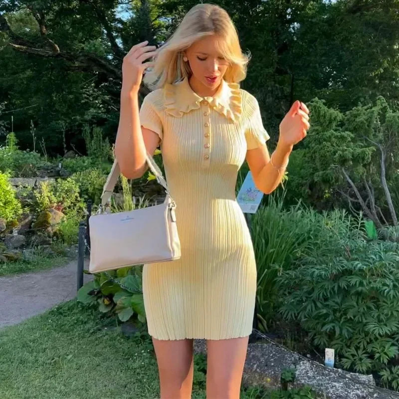 Elegant Knitted Ruffles Short Dress With Sleeves Vintage Casual Curvy High Waist Mini Dresses Yellow 2025 Summer New White Pink