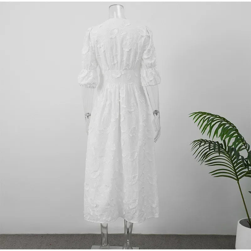 Elegant White Party Long Dress Women's Luxury V-neck Printed Single Breasted Split Evening Robe 2024 New Chic Street Dresses