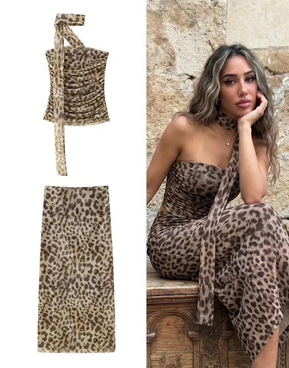 HH Women Leopard Print 2 Piece Outfit Midi Skirt Suit Sexy Summer Backless Strapless Crop Top Fashion Elegant Beach Party Sets