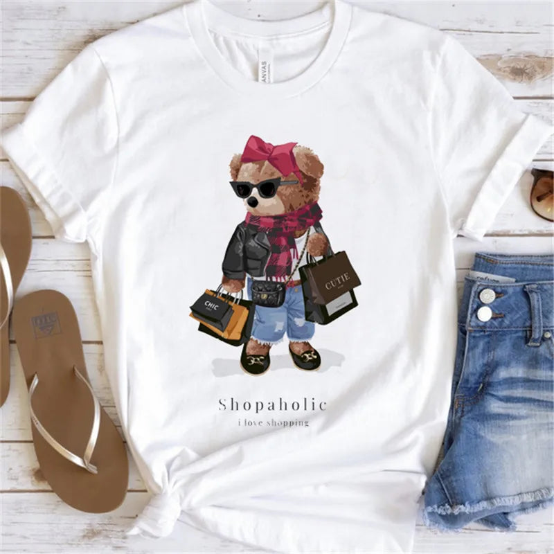 Fashion Graphic T-shirt Women Cute Bear Short-sleeved Clothes Women Print T-shirt Summer 90's Fashion Style Women T-shirt