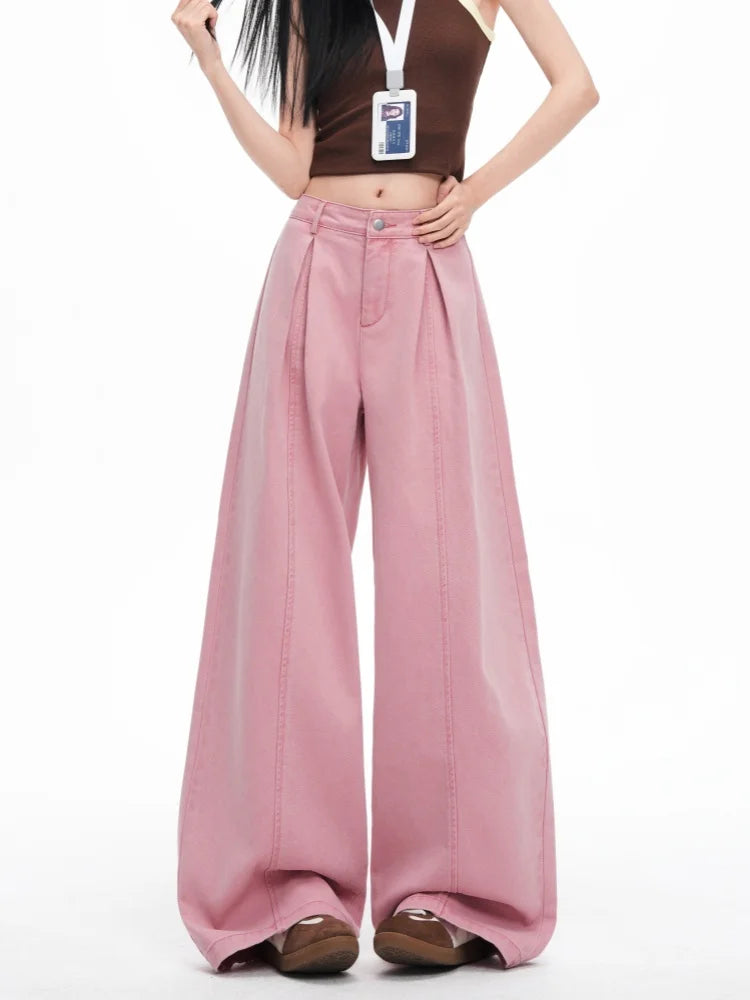 Women's Pink Folds Wide Leg Jeans 2026 Korean Fashion New High Waist Loose Casual Denim Trousers Streetwear Y2k