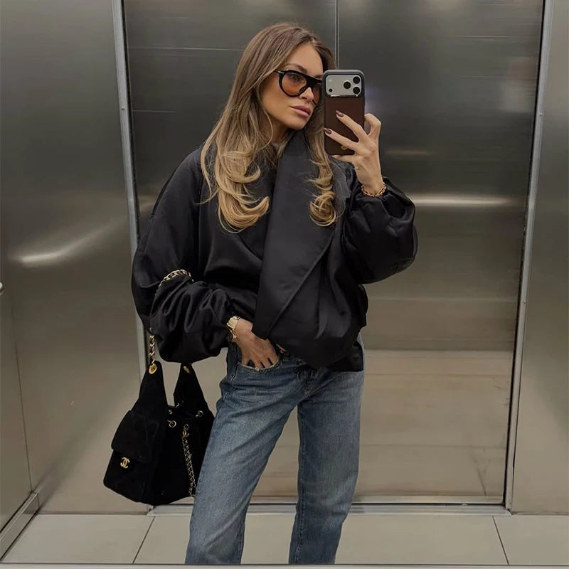 Vintage Women's Padded Bomber Jacket Loose Hidden Buckle Pockets Full Sleeve Stand Collar Black Coats 2026 Spring Autumn Outwear