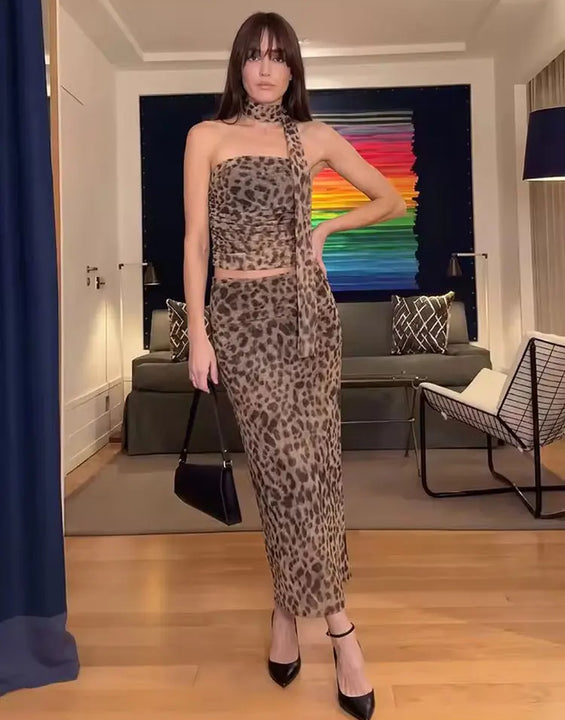 HH Women Leopard Print 2 Piece Outfit Midi Skirt Suit Sexy Summer Backless Strapless Crop Top Fashion Elegant Beach Party Sets
