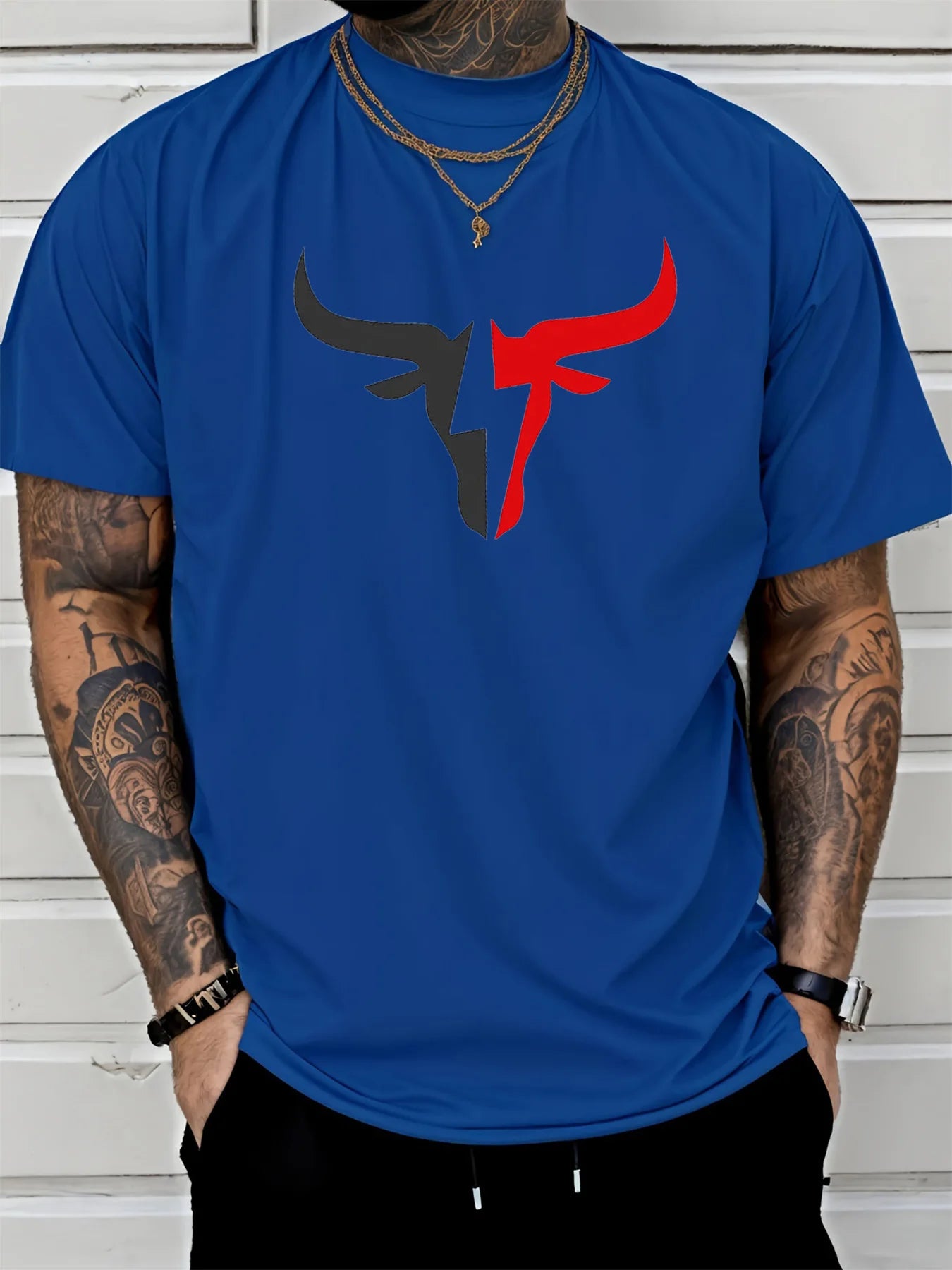 Summer men's 100% cotton comfortable casual loose fit plus size bull pattern print sports round neck short sleeved T-shirt top