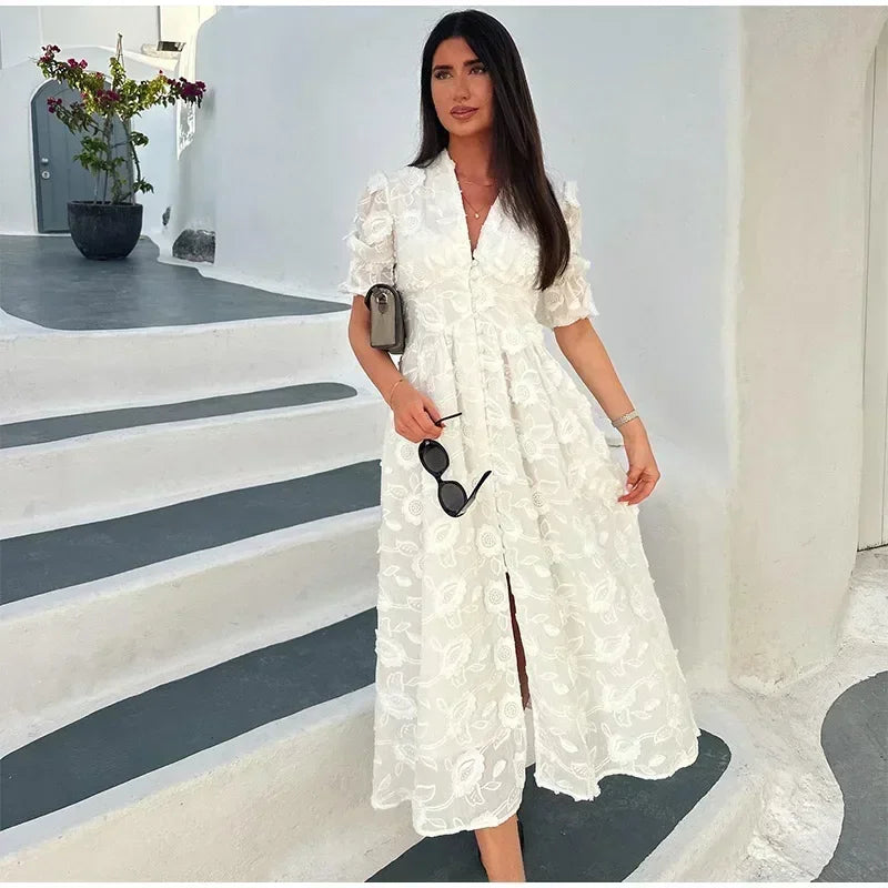 Elegant White Party Long Dress Women's Luxury V-neck Printed Single Breasted Split Evening Robe 2024 New Chic Street Dresses