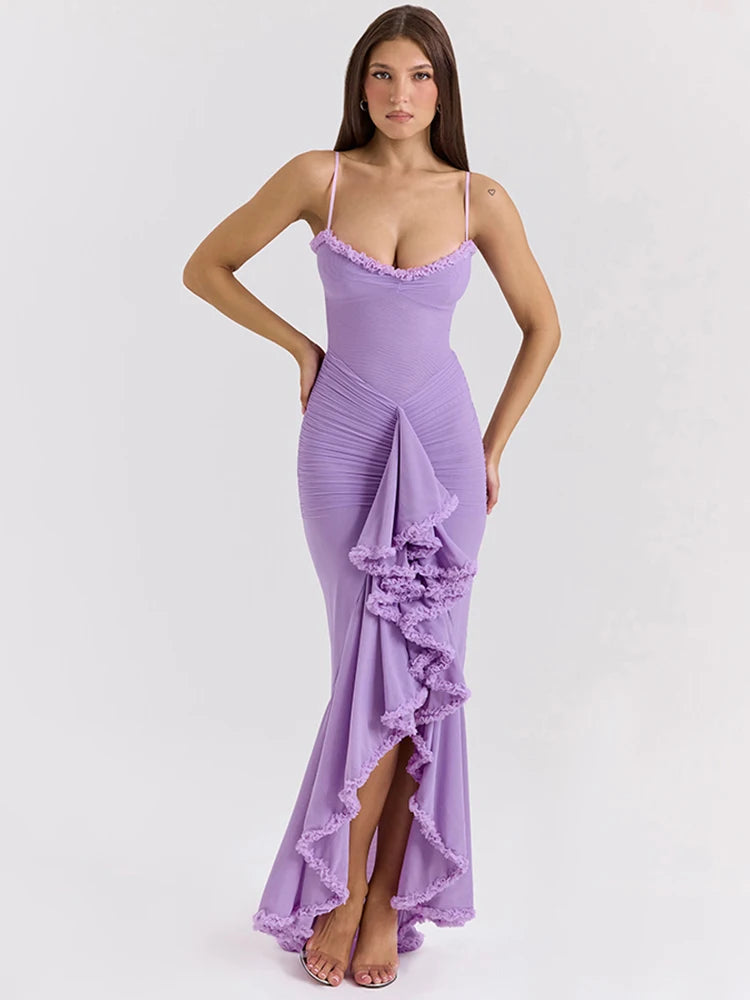 Weird Puss Ruffles Bandage Dress Women Sexy Backless Sleeveless Tassel Lace-Neck See Through Slits Hem Prom Party Long Bodycon