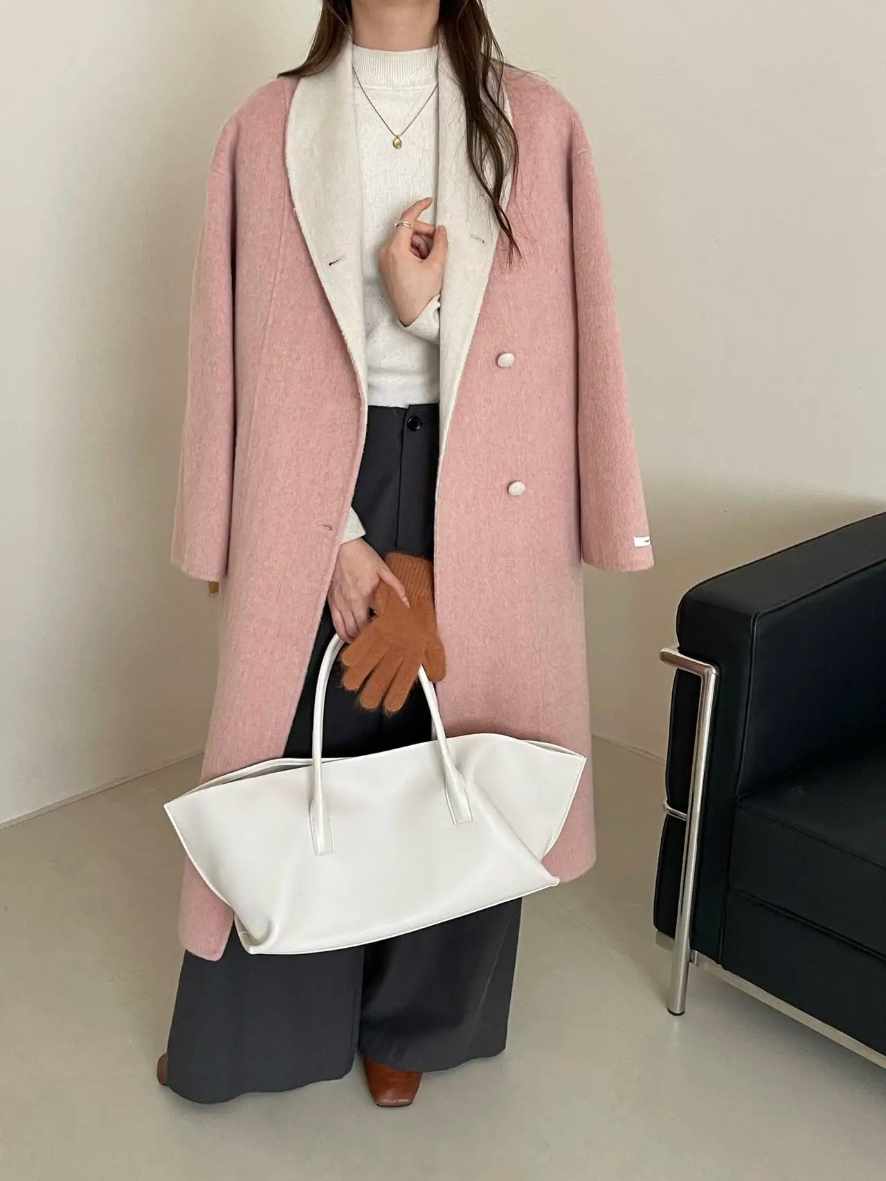 Women Autumn Gentle Elegant Temperament All-match Leisure Solid Long Korean Style Loose Temperament Loose Woolen Coat Female