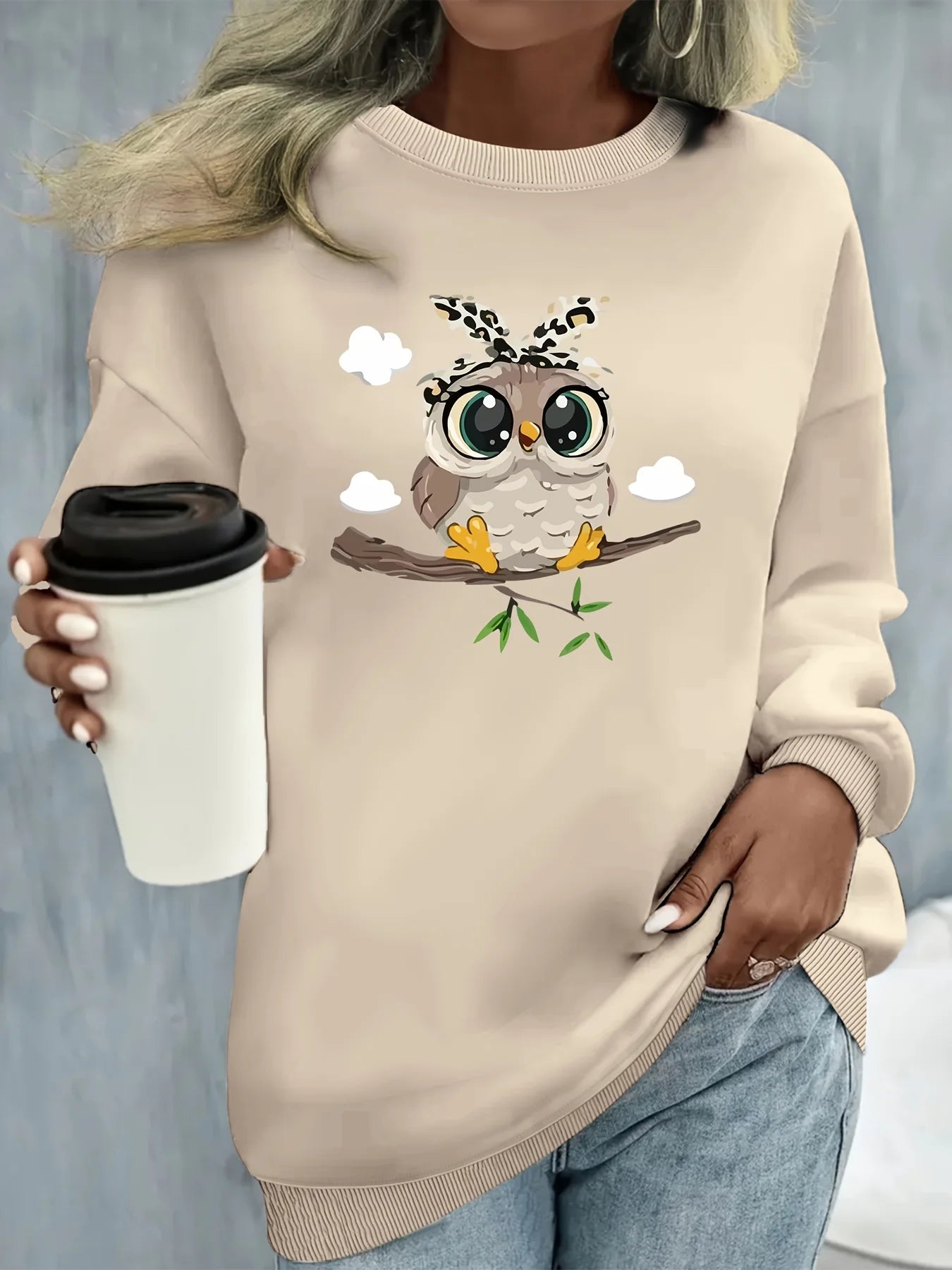 Women's autumn and winter casual loose and comfortable warm cat pattern printed round neck long sleeved pullover