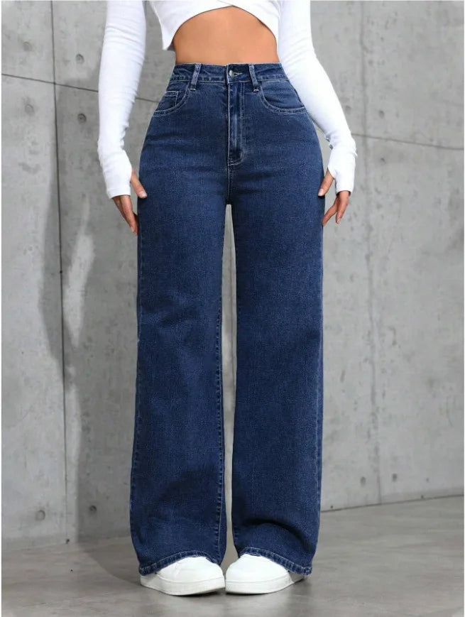 American Women's Blue Washed High-Waisted Straight-Leg Jeans Loose Fashion Front & Back Pockets Jeans Suitable Daily Casual Wear
