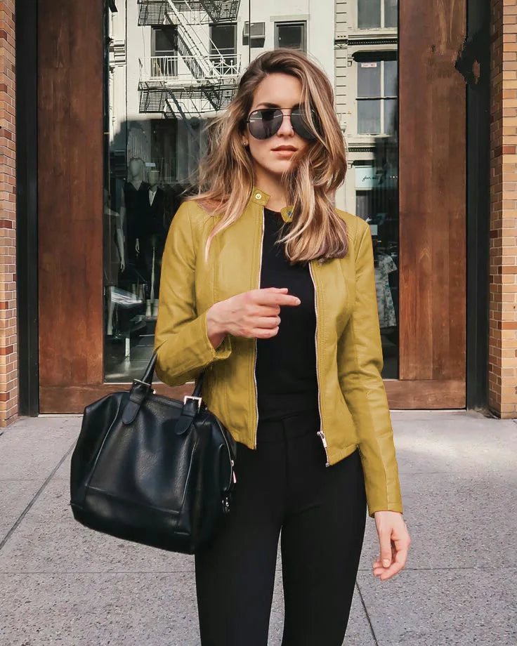 Women Pu Jacket Vintage Streetwear Stand Collar Zipper Leather Moto Biker Coats Punk Casual Female Tops Spring Short Outerwear