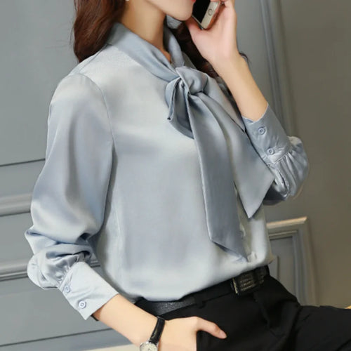 Autumn Loose Tops Womens Casual Chiffon Blouse V-Neck Solid Shirt Bow Lantern Sleeve Fashion Blouses Clothes Blusas Mujer 2198