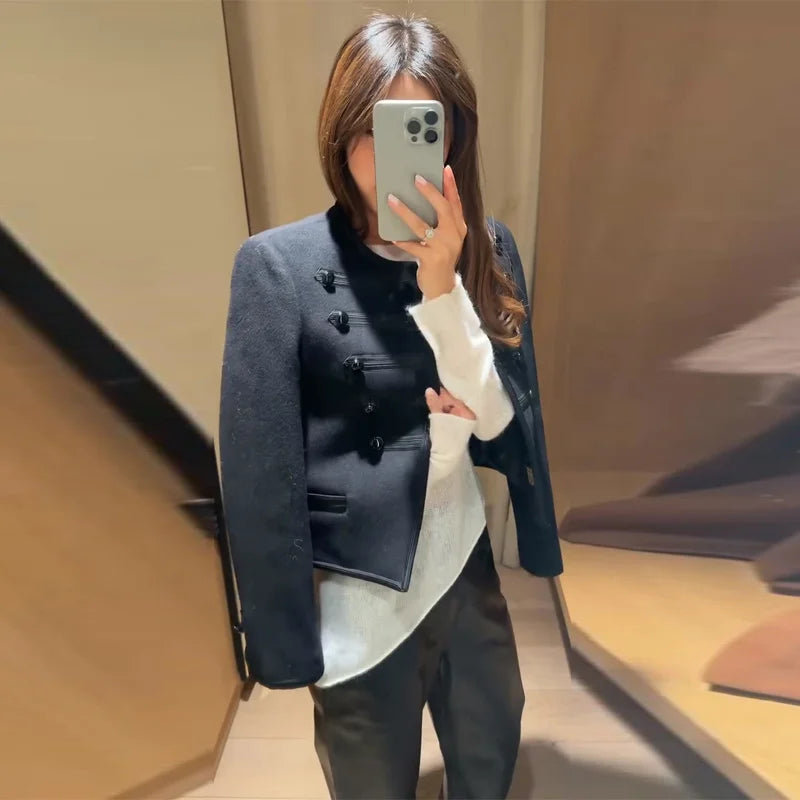 Casual Solid Women's Jacket O-Neck Full Sleeve Button Black Lady Cropped Jackets 2026 Spring Chic Female Street Outerwear