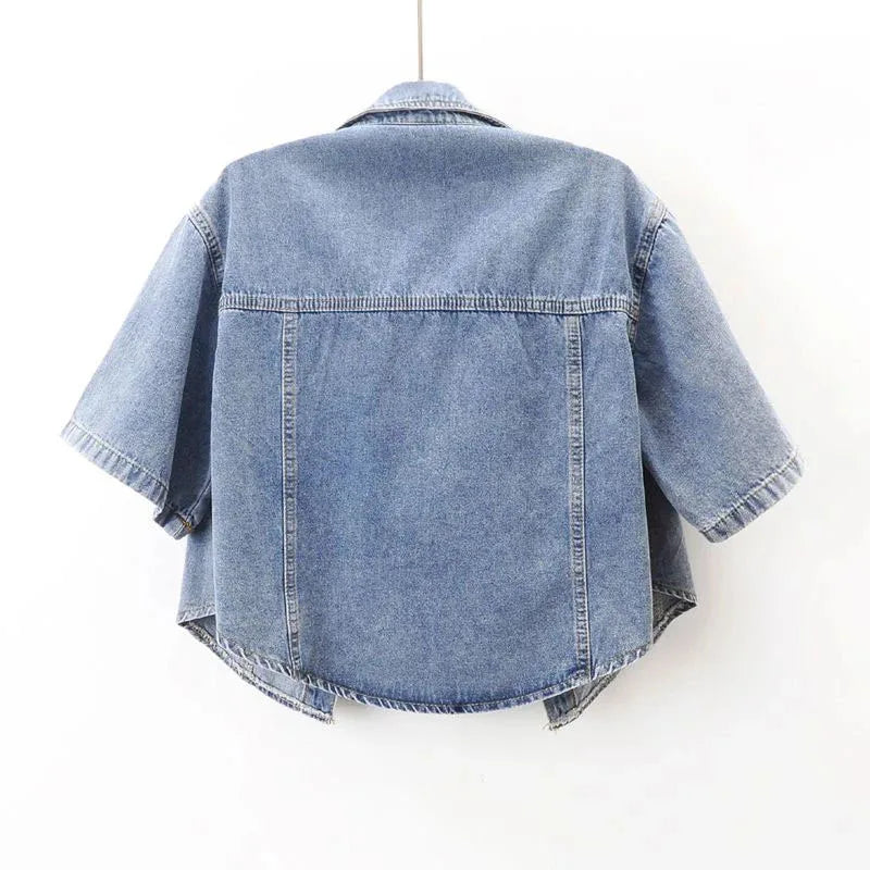 Vintage Cropped Denim Jacket Women Summer Loose Single Breasted Turn Down Collar Short Sleeve Tops Harajuku Casual Jean Jacket