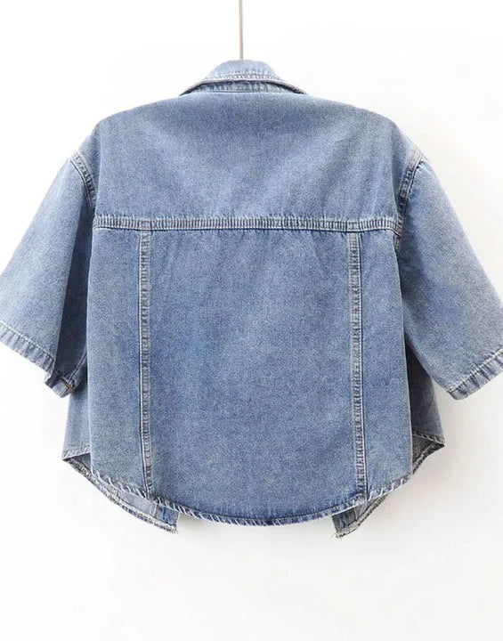 Vintage Cropped Denim Jacket Women Summer Loose Single Breasted Turn Down Collar Short Sleeve Tops Harajuku Casual Jean Jacket