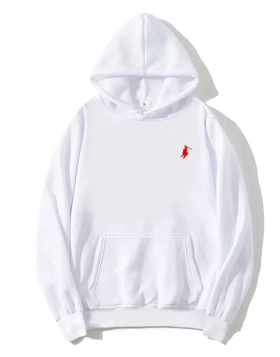 2026 polo print hooded sweatshirt for autumn and winter, suitable both men women, loose white couple's casual