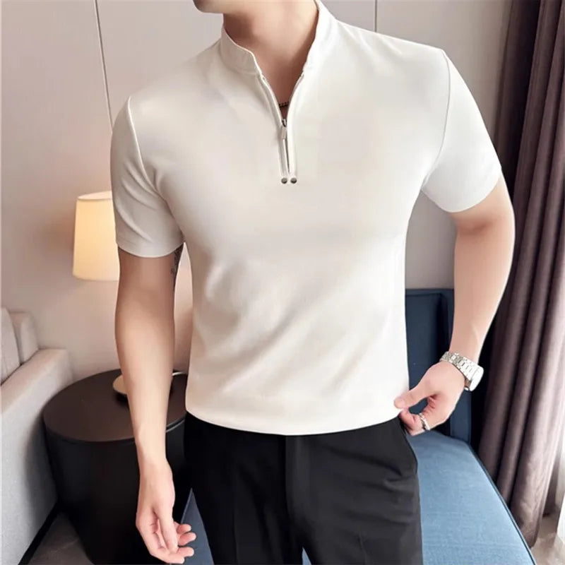 Summer Men's Stand Collar T-Shirts Fashion Half Zipper Pullover Tees Tops Men Solid Color Short Sleeve Slim Fit Casual  Tshirt