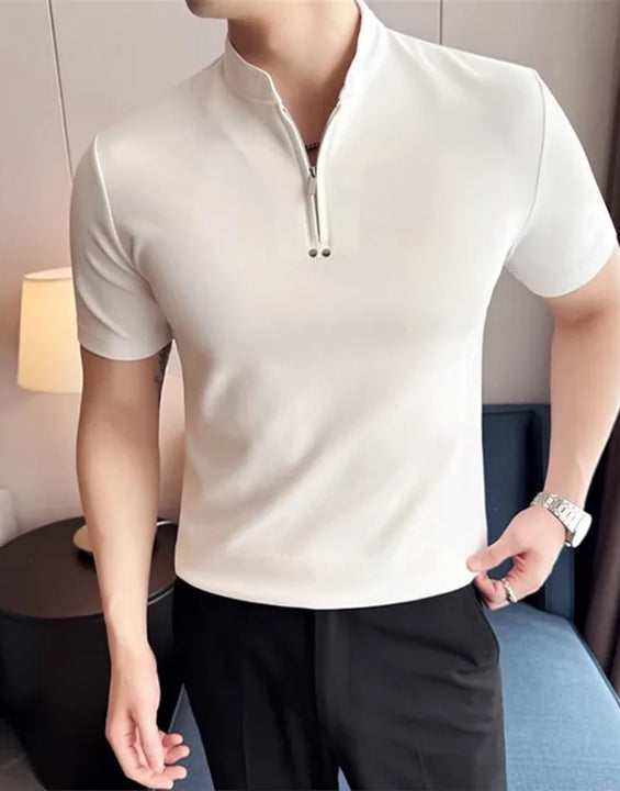 Summer Men's Stand Collar T-Shirts Fashion Half Zipper Pullover Tees Tops Men Solid Color Short Sleeve Slim Fit Casual  Tshirt