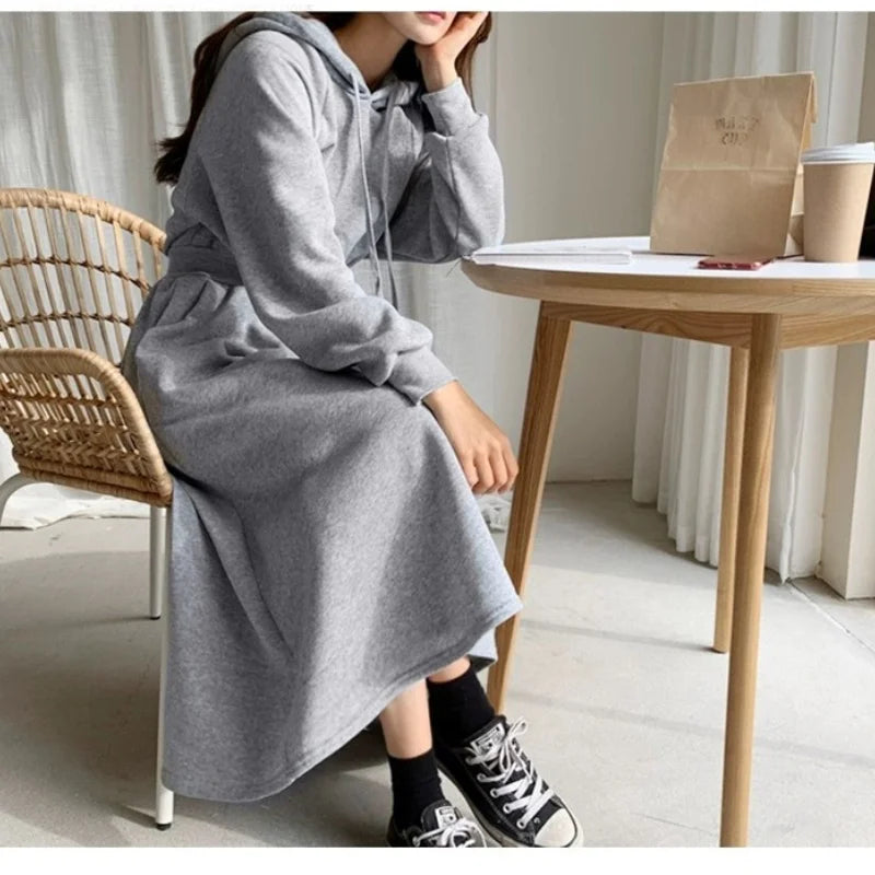 Autumn Winter Casual Women Hooded Cotton Long Dress Long Sleeved Pullover Solid Hoodie Shirring A-Line Floor-Length Rib Dresses