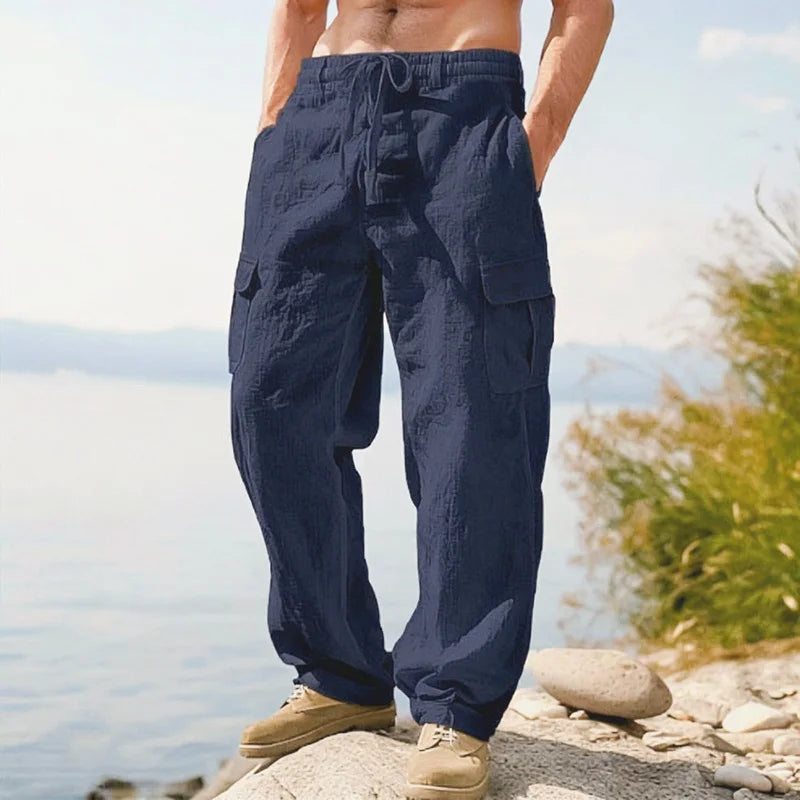 Summer Men'S Cotton And Linen Pants Multiple Pockets Breathable Loose Drawstring Straight Leg Pants Sports And Casual Pants