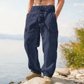 Summer Men'S Cotton And Linen Pants Multiple Pockets Breathable Loose Drawstring Straight Leg Pants Sports And Casual Pants
