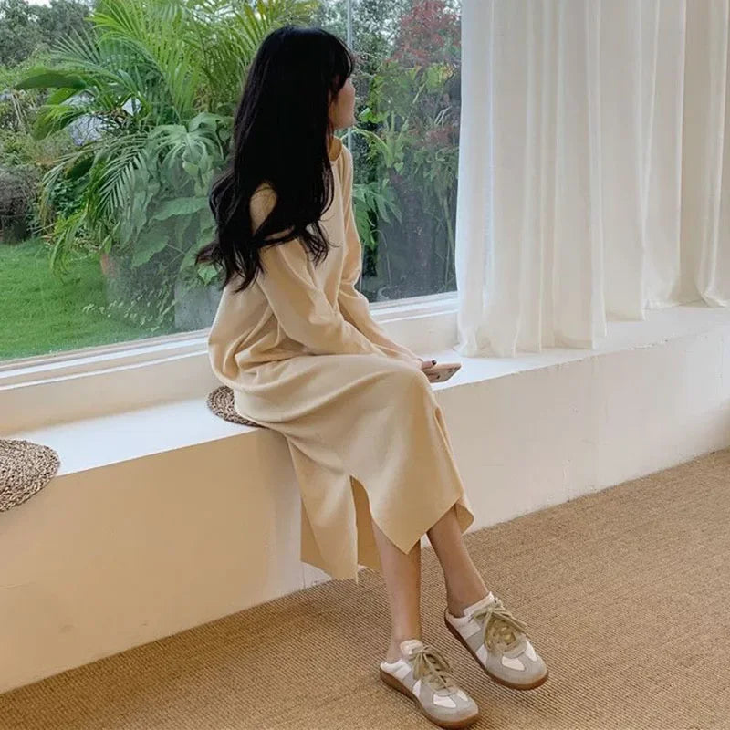 Smvp Fall Winter Turtleneck Long Dress Women Basic Solid Casual Loose Long Sleeve Dresses Female Streetwear Side Split Dress