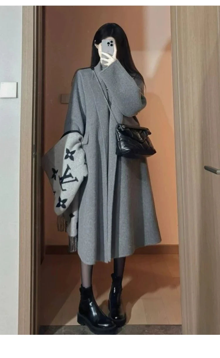 High-end Gray Women Thick Double-sided Wool Cashmere Coat New Loose Lapel Long Sleeve Woolen Coats Female Overcoat Winter