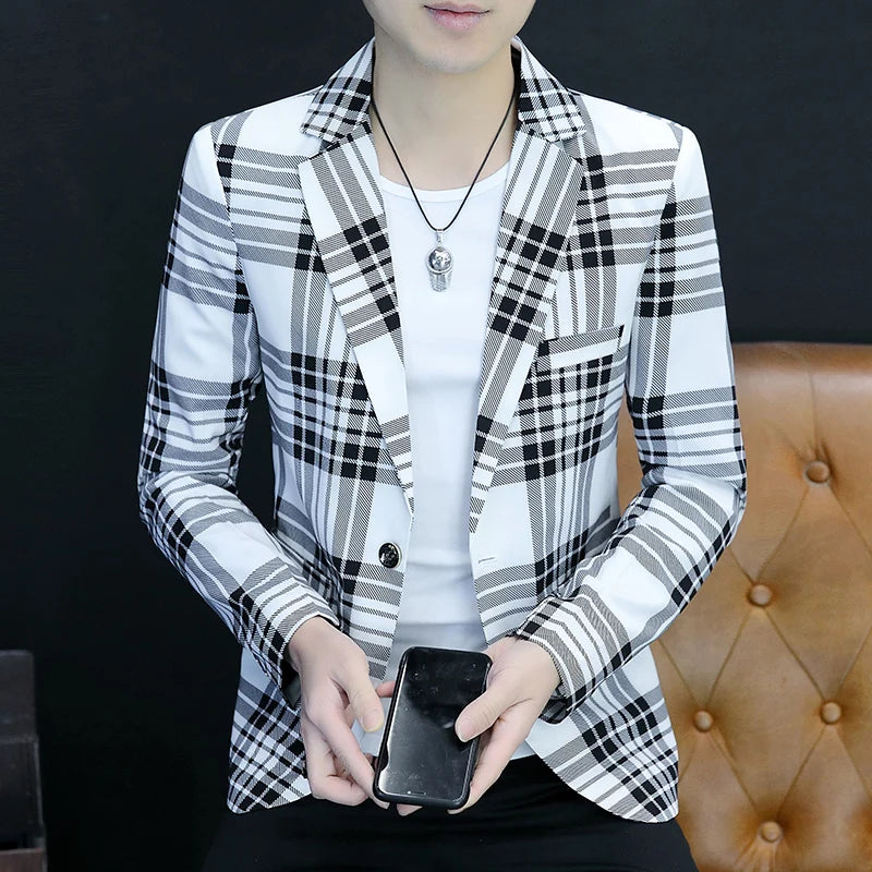 Spring Autumn 2024 Casual Checkered Slim Fit Men's Suit Jacket Korean Style Fashion Handsome Young Men's Clothing