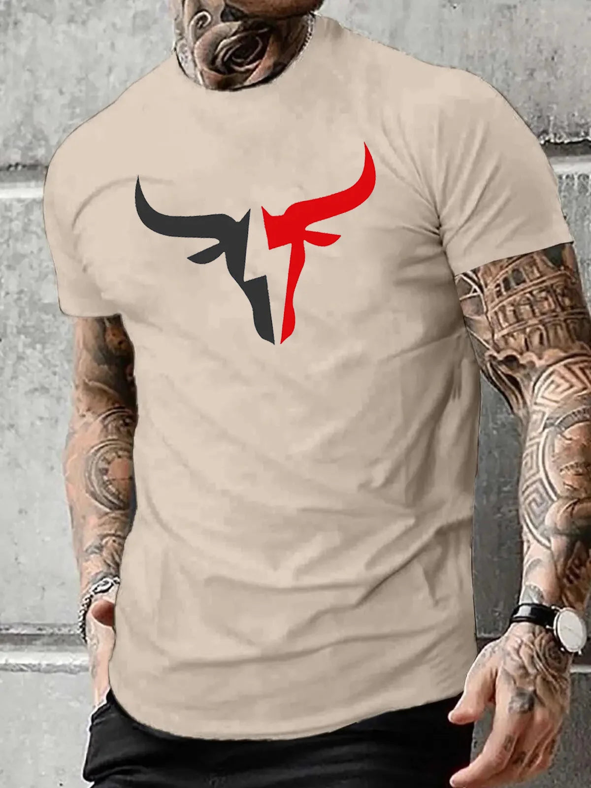 Summer men's 100% cotton comfortable casual loose fit plus size bull pattern print sports round neck short sleeved T-shirt top