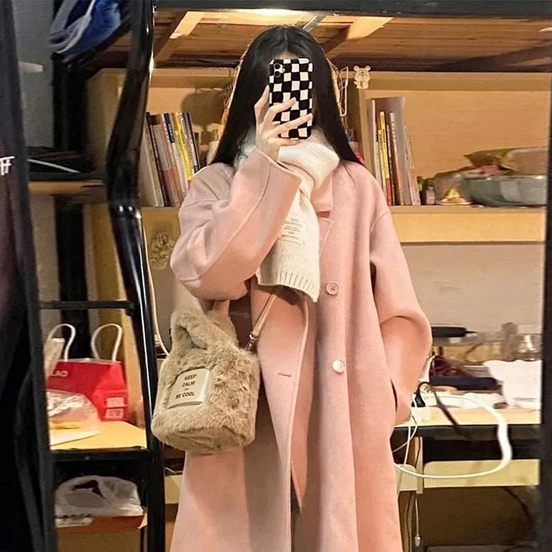 100% Wool Coat Lapel Overcoat Women Wool Blend Double Breasted Long Sleeve Shoulder Pad Coat 2024 Autumn Female Outwear