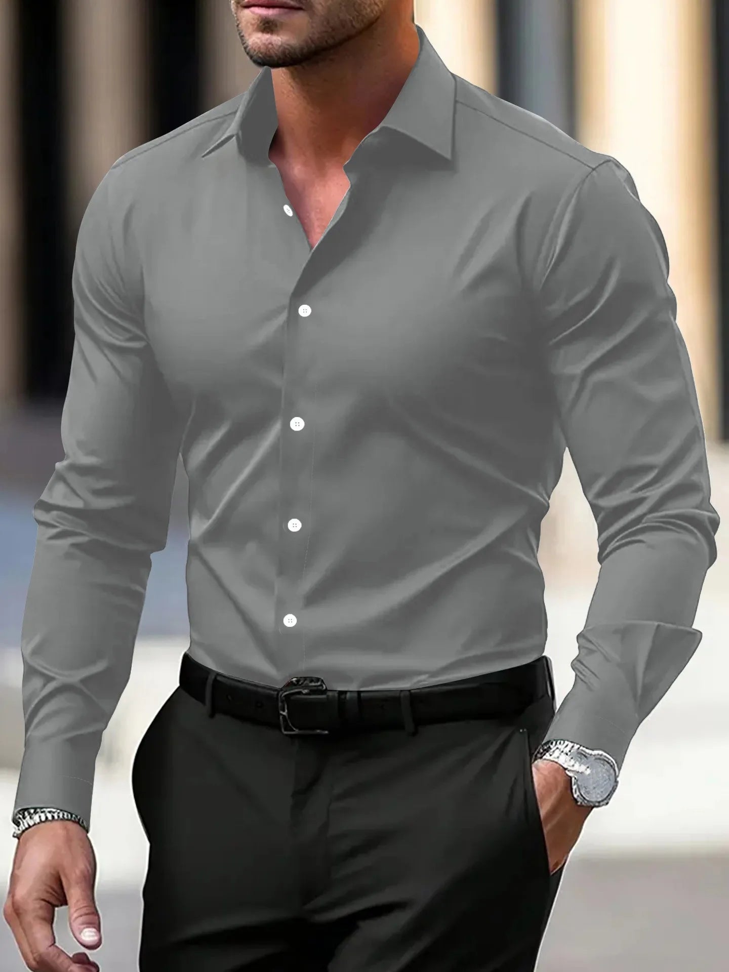 Men's Wrinkle-Free Dress Shirt Long Sleeve Slim Fit Business Casual Shirt Breathable Formal Work Shirt for Wedding Party