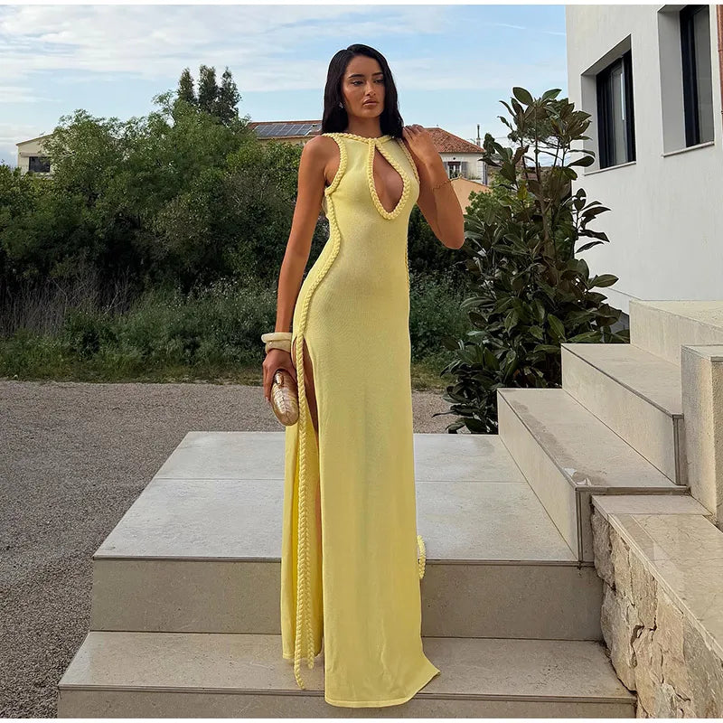 Women Elegant Maxi Dress Keyhole Neckline Braided Trim Sleeveless Backless High Slit Hem Solid Dresses 2026 Summer Fashion Gown