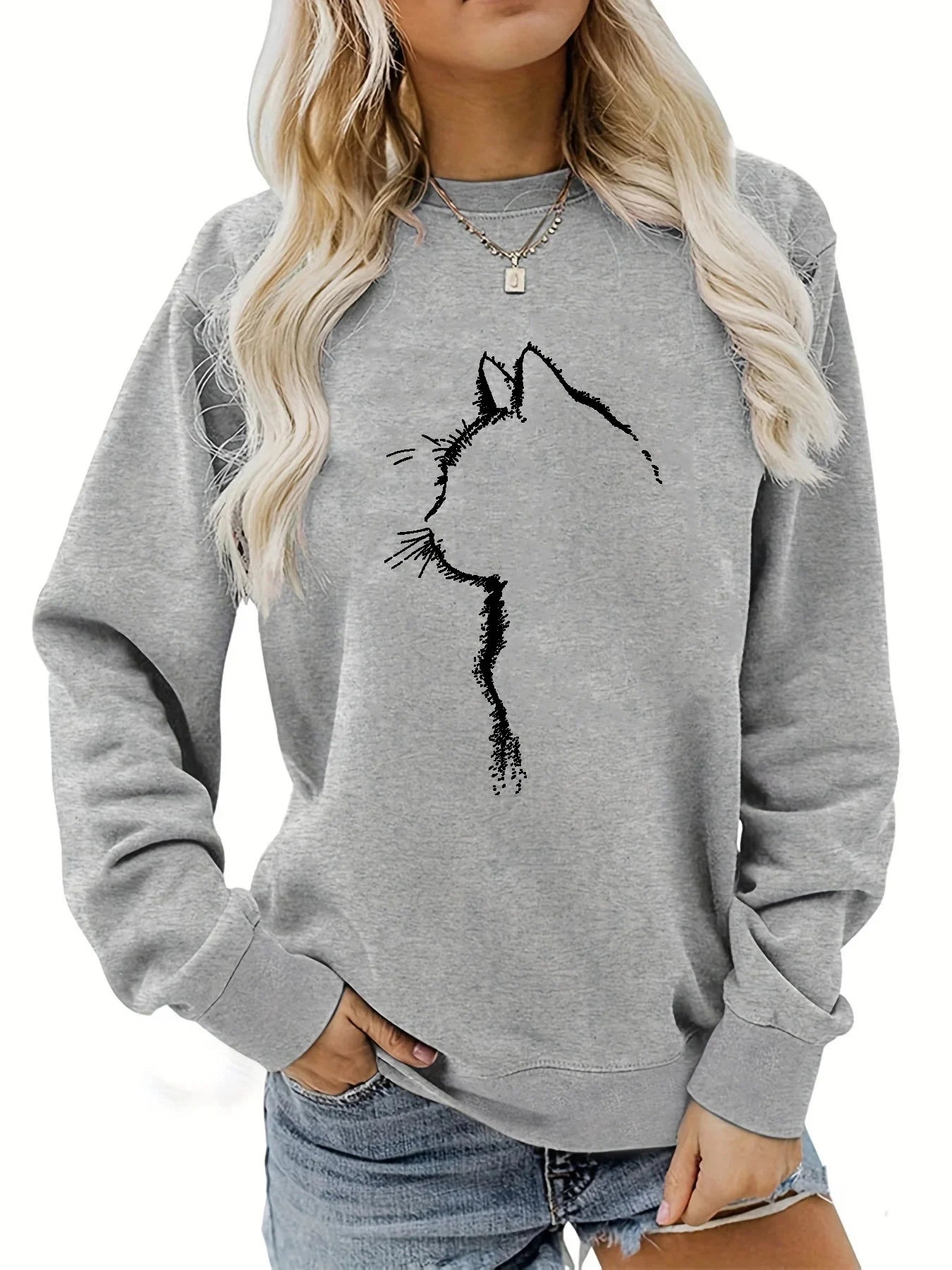 Women's autumn and winter casual loose and comfortable warm cat pattern printed round neck long sleeved pullover