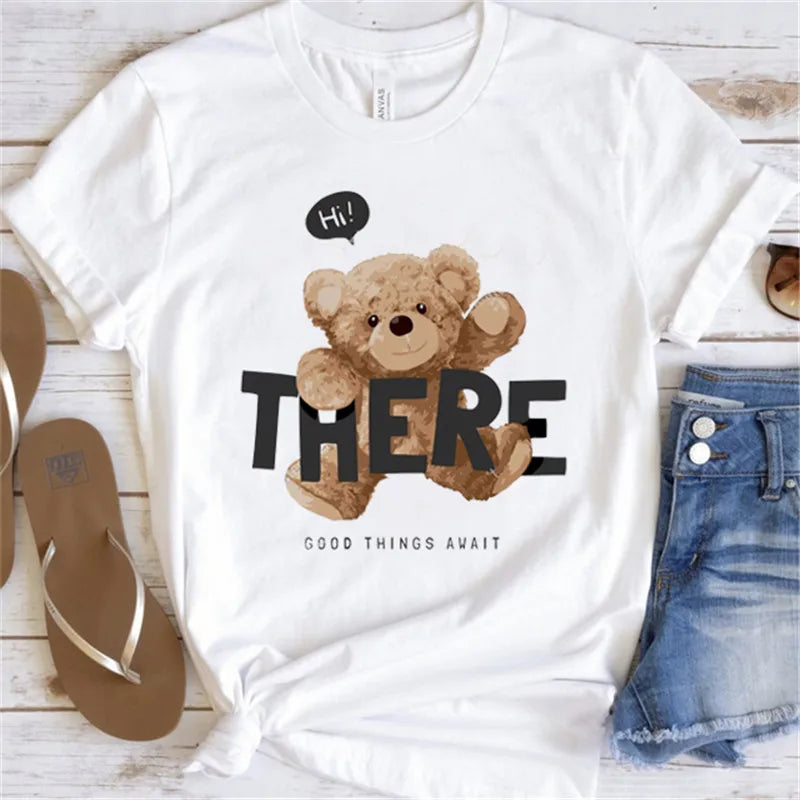 Fashion Graphic T-shirt Women Cute Bear Short-sleeved Clothes Women Print T-shirt Summer 90's Fashion Style Women T-shirt