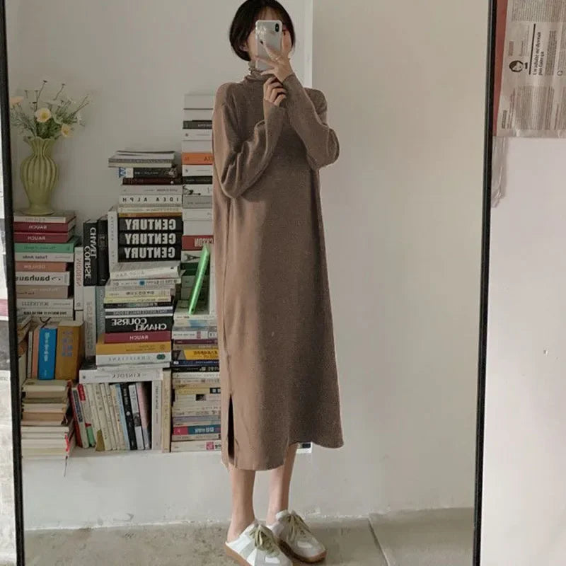 Smvp Fall Winter Turtleneck Long Dress Women Basic Solid Casual Loose Long Sleeve Dresses Female Streetwear Side Split Dress