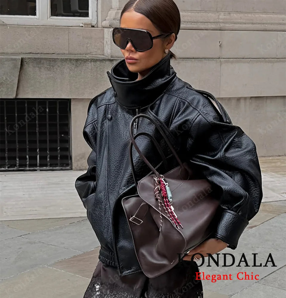 Women 2025 Fall Winter Leather Standing Collar Jacket Faux PU Zipper Pilot Jacket Coat Casual Fashion Outwear Ladies Jacket